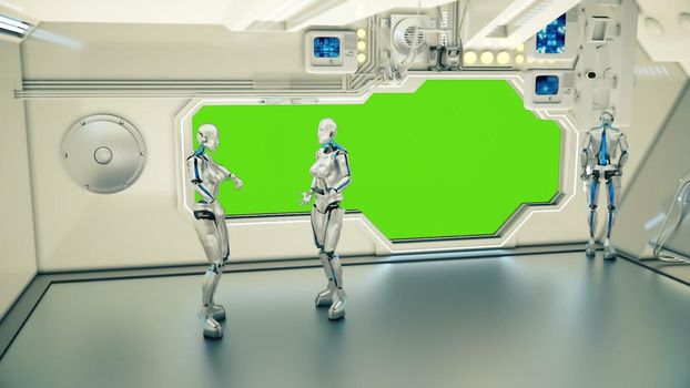 HD Androids on a spaceship arguing on background planet Earth. A futuristic concept of a UFO. Green screen.