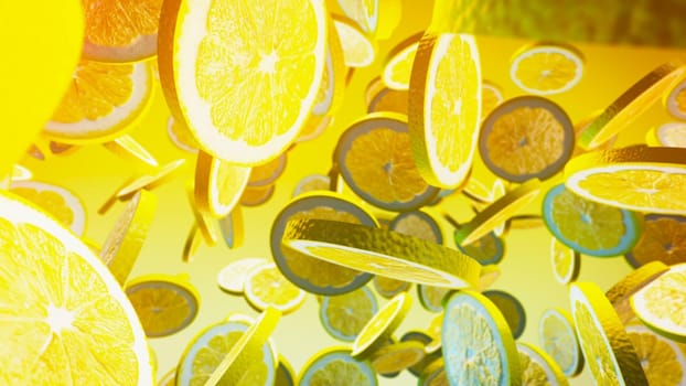 Falling fresh lemon on yellow background.