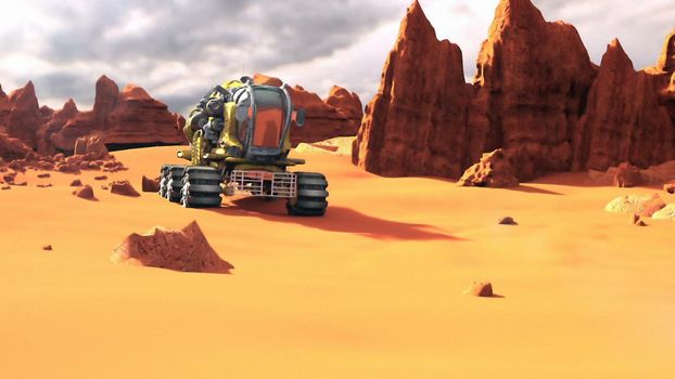 Mars Rover on the Mars. A futuristic concept of a colonization of Red Planet.