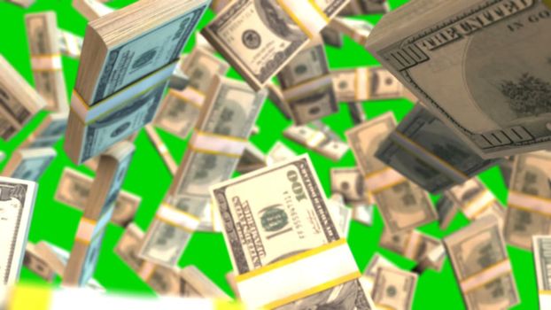 Abstract CGI graphics with falling dollar bills on green creen