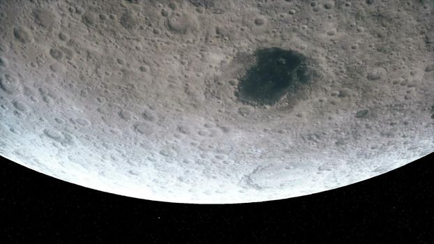 Flight over the surface of the Moon on stars background.