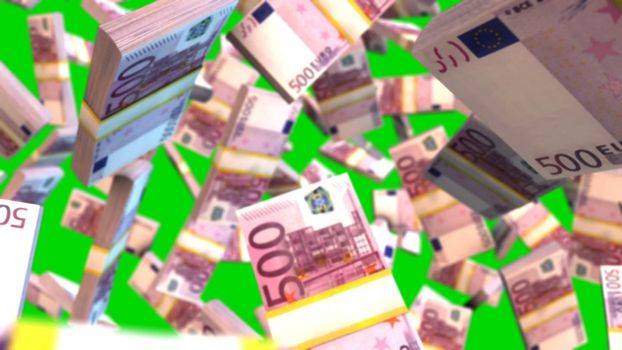 Abstract CGI graphics with falling euro bills on green creen