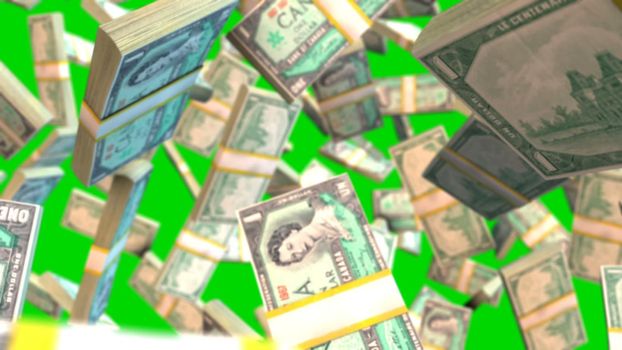Abstract CGI graphics with falling canadian dollar bills on green screen