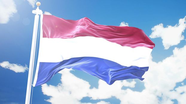 Realistic flag of Netherlands waving against time-lapse clouds background.
