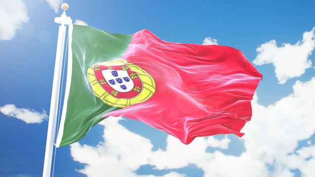 Realistic flag of Portugal waving against time-lapse clouds background.