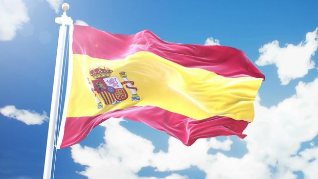 Realistic flag of Spain waving against time-lapse clouds background.