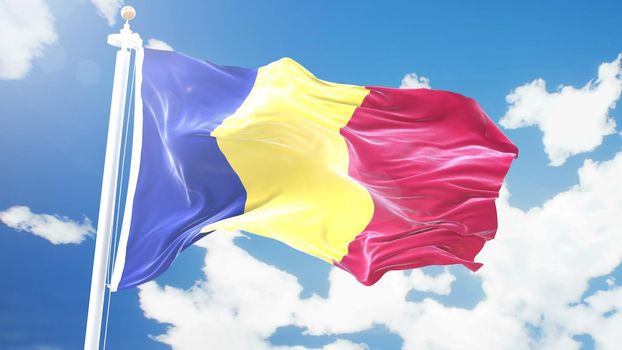 Realistic flag of Romania waving against time-lapse clouds background.