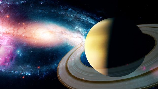 Realistic beautiful planet Saturn from deep space. Abstract Background