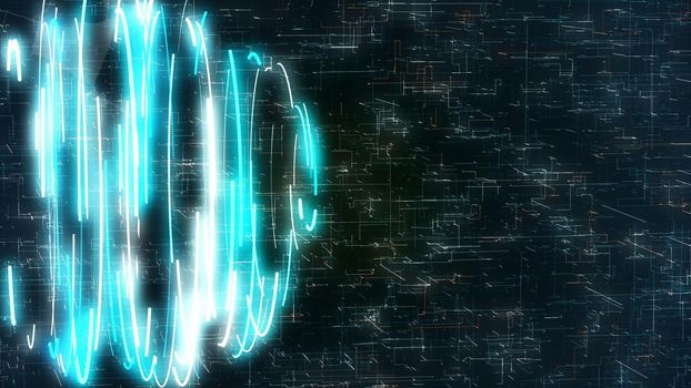Abstract motion graphics with blue spiral on sci-fi background.