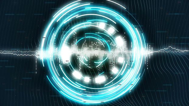 Abstract graphics with blue rotating circles on sci-fi background.