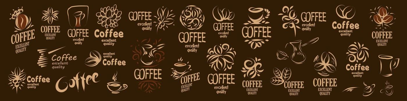 Large vector set of drawn logos and coffee elements.