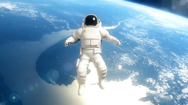 Astronaut in outer space is flying over the planet Earth