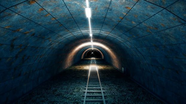 Steam old train in tunnel. 3d rendering