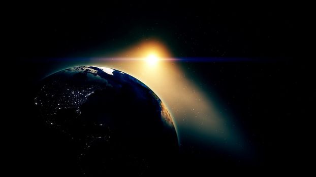 Realistic beautiful sunrise on earth from deep space. Abstract Background