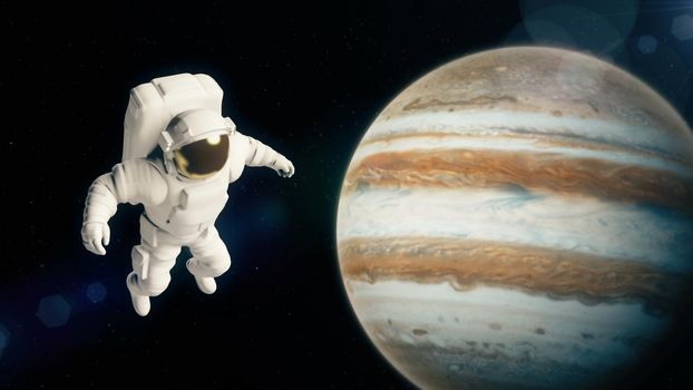 Astronaut in outer space is flying over the planet Jupiter