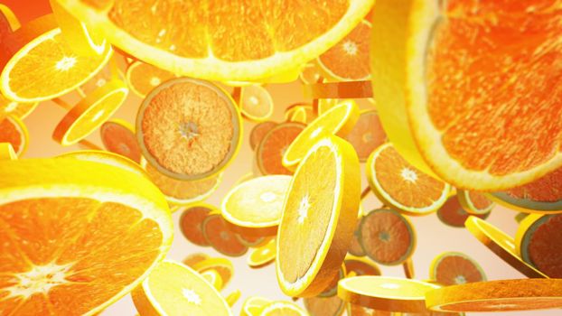 Falling fresh orange on yellow background