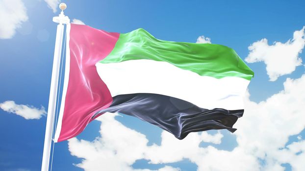 Realistic flag of United Arab Emirates waving against time-lapse clouds background.