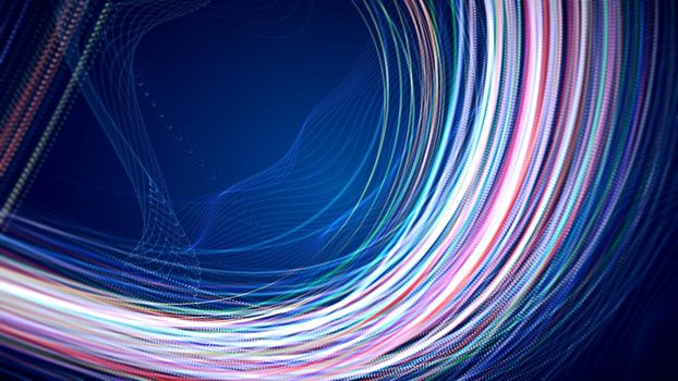 Abstract CGI graphics with colored lines on blue background