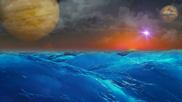 Abstract Background with nice realistic ocean on exoplanet