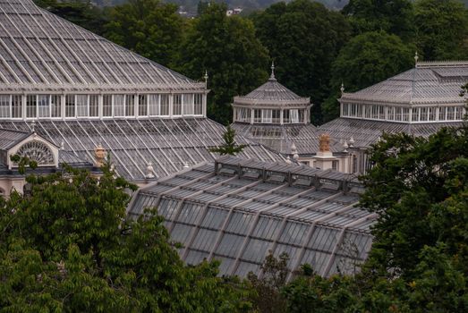 London, UK - Apr 9, 2019 : Aerial view over of greenhouse at Kew Gardens (Royal Botanic Gardens). No focus, specifically.