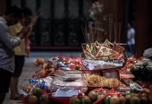 Bangkok, Thailand - 27 Oct 2019 : Table for pay respects to god, Chinese pay respect.