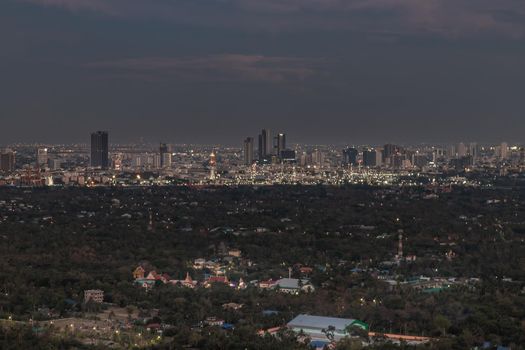 Bangkok, thailand - Mar 06, 2020 : Sky view of Bangkok with skyscrapers in the business district in Bangkok in the evening beautiful twilight give the city a modern style. Selective focus.