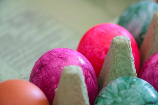 Easter eggs in a package. Bright spring holiday