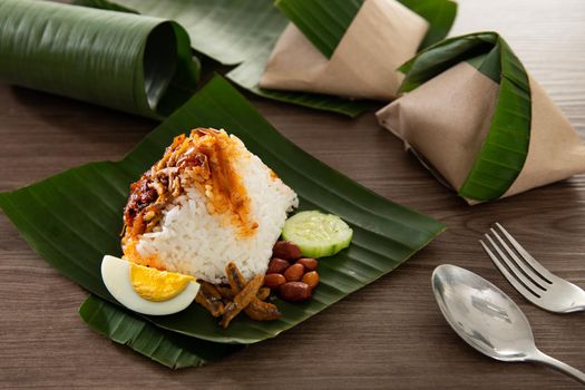 Nasi lemak pack in banana leaf, popular breakfast in Malaysia