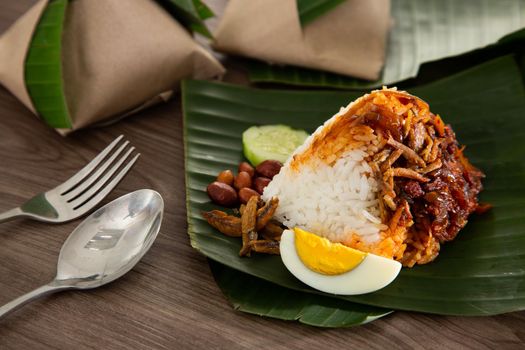 Nasi lemak pack in banana leaf, popular breakfast in Malaysia