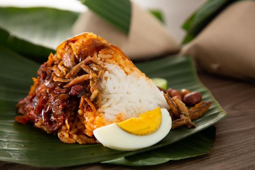 Nasi lemak pack in banana leaf, popular breakfast in Malaysia