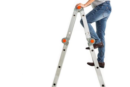 The man climb on the construction ladder isolated on white background