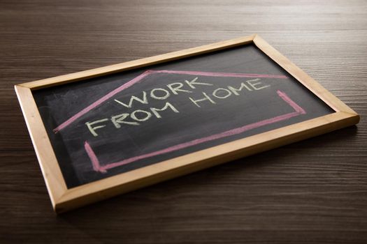 Work From Home word on blackboard written in chalk, Coronavirus concept.