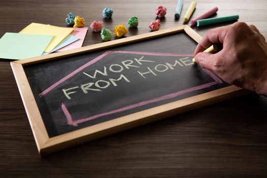 Work From Home word on blackboard written in chalk, Coronavirus concept.