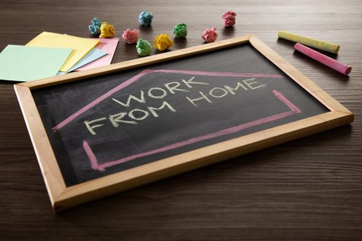 Work From Home word on blackboard written in chalk, Coronavirus concept.