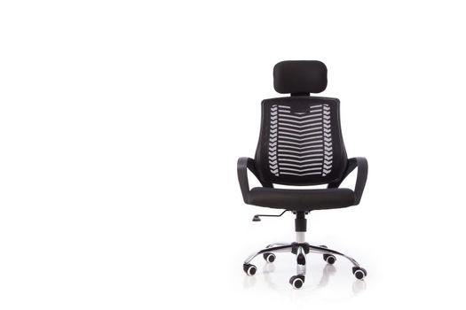 office chair with black backrest, black seat and handles, stainless steel legs, isolated on white background