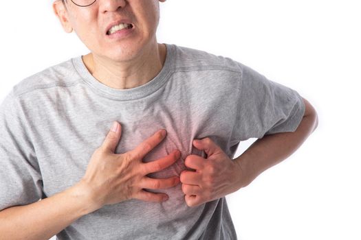 middle age man has a heart attack symptom. Senior health or health care concept.