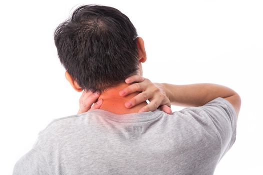 Sore pain of neck. Sprain and arthritis symptoms. middle age man holding his hurt neck over white background.