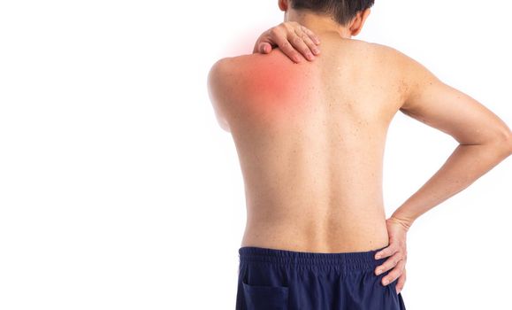 Sore pain of shoulder. Sprain and arthritis symptoms. middle age man holding his hurt shoulder over white background.