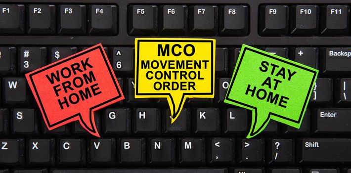 Speech bubble with the word of WORK FROM HOME, STAY AT HOME and MCO-MOVEMENT CONTROL ORDER - Work from home concept