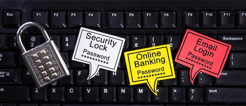metal security lock, Online Banking and Email Login with password on computer keyboard - security concept in computer