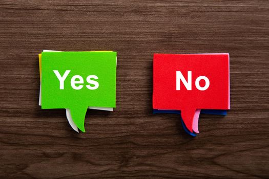 text yes or no on speech bubble on wooden background