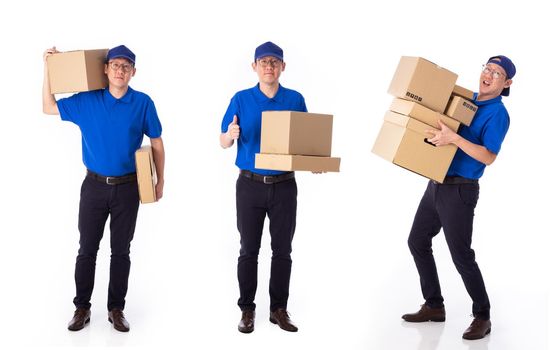 Delivery Concept - Set of Portrait of delivery man in red cloth holding a box package. Isolated on white background. 