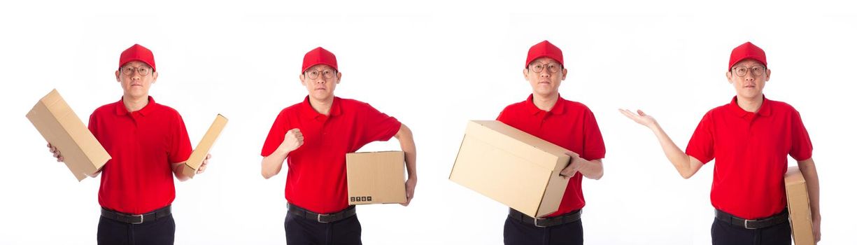 Delivery Concept - Set of Portrait of delivery man in red cloth holding a box package. Isolated on white background. 
