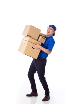 young Asian delivery man in blue uniform, carry cardboard box in hands isolated on white background. Delivery Concept