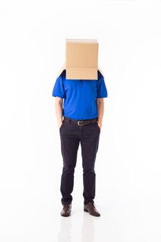 man in a bluer T-shirt with a cardboard box on his head makes a gesture with his hands isolated on white background