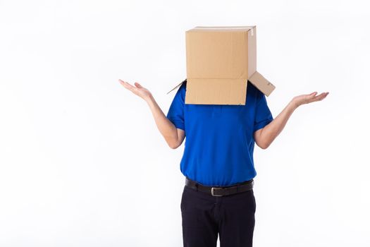 man in a bluer T-shirt with a cardboard box on his head makes a gesture with his hands isolated on white background