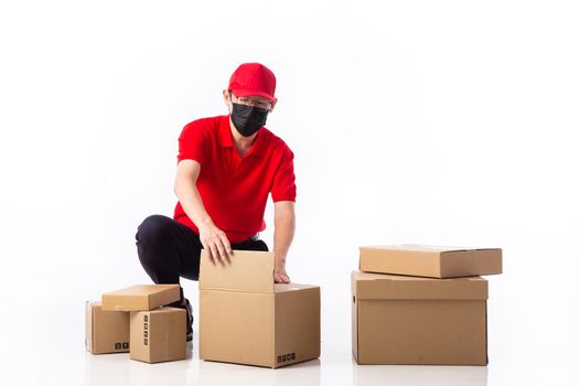 man preparing and packing parcels isolated on white background