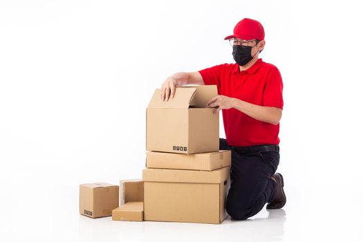man preparing and packing parcels isolated on white background