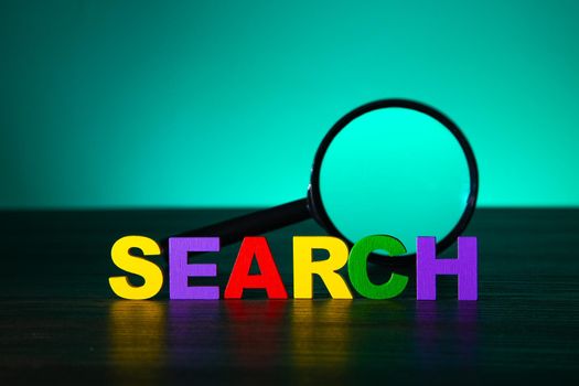 Search word text on wooden table. Ads and Search Theme
