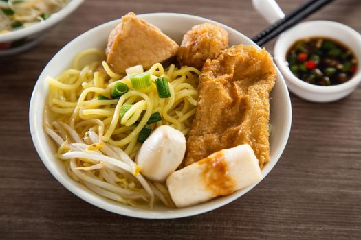 Kampar Fish ball noodle on wooden table